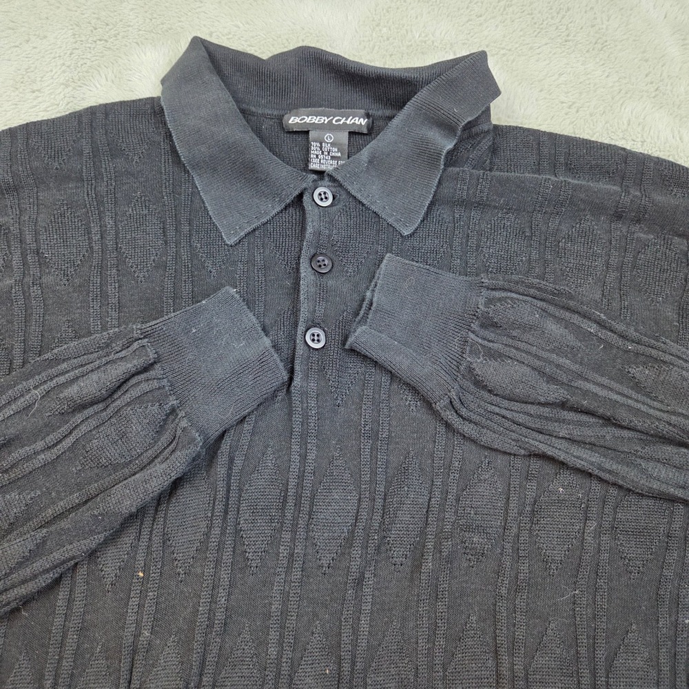 Bobby Chan Silk Blend Cable Knit Sweater Men L Collared Polo Black Henly Top